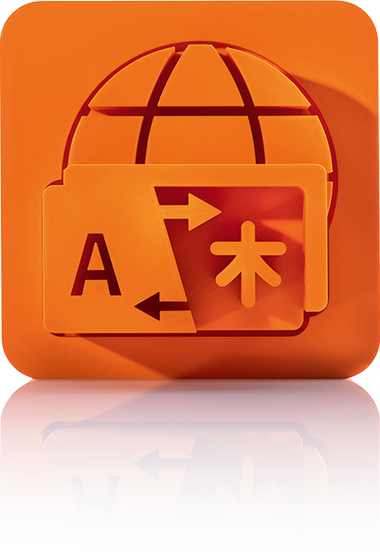 Le symbole est orange unicolore et représente un globe stylisé en arrière-plan. Au premier plan se trouve une fenêtre de traduction avec un grand « A » à gauche et un caractère asiatique à droite, reliés par une double flèche. Il est représenté dans un carré aux coins arrondis. Cette icône représente la traduction en ligne de crossbase.